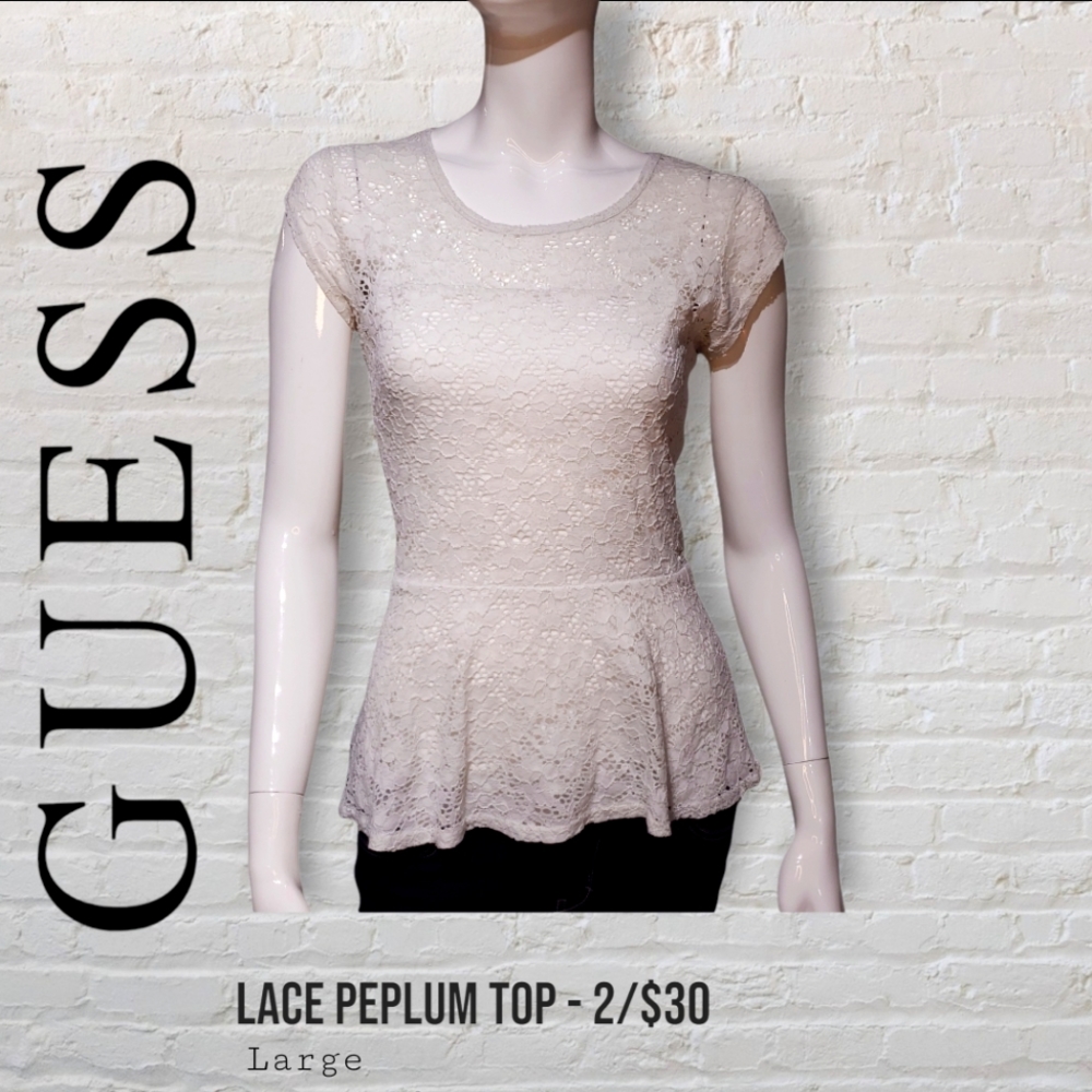 Guess White Floral Lace Peplum Top Women's Large